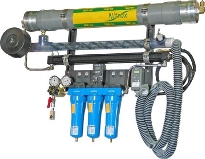 Nitrox Panel Membrane System. The Nitrox at up to 40% O2 can then be compressed with an oil lubricated high-pressure compressor into scuba bottles or storage tanks for later use or with a low-pressure compressor for immediate delivery to divers.