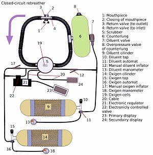 A schematic of a closed circuit rebreather.