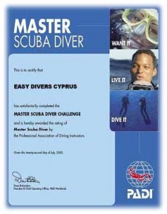 PADI Master Scuba Diver Course certificate
